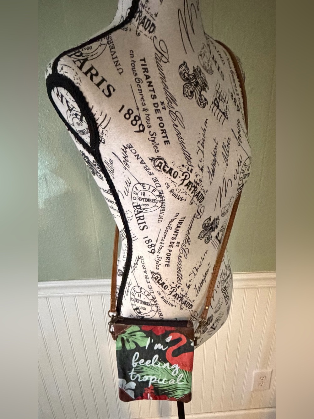 Mona B Women’s Crossbody Bag in Black, Green & Red Feeling Tropical Micro Canvas